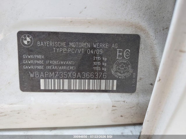 30094850 :رقم المزاد ، WBAPM735X9A366376 vin ، 2009 Bmw 335 I مزاد بيع