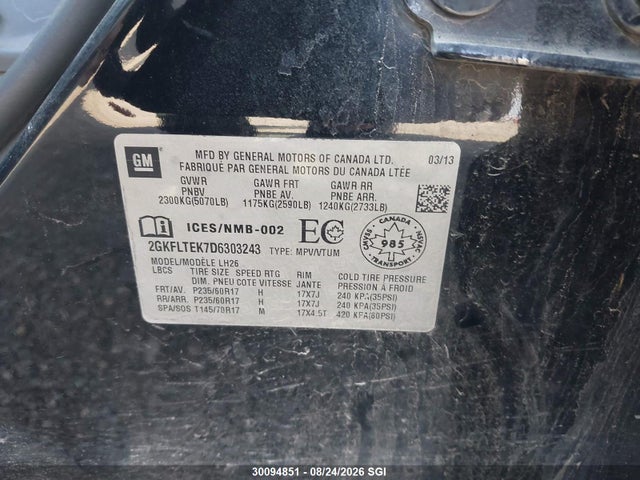 Aukcja sprzedaży 2013 Gmc Terrain Sle, vin: 2GKFLTEK7D6303243, numer aukcji: 30094851