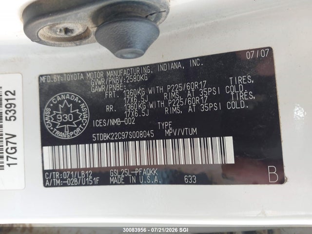 Продаж на аукціоні авто 2007 Toyota Sienna Xle/xle Limited, vin: 5TDBK22C97S008045, номер лоту: 30083956