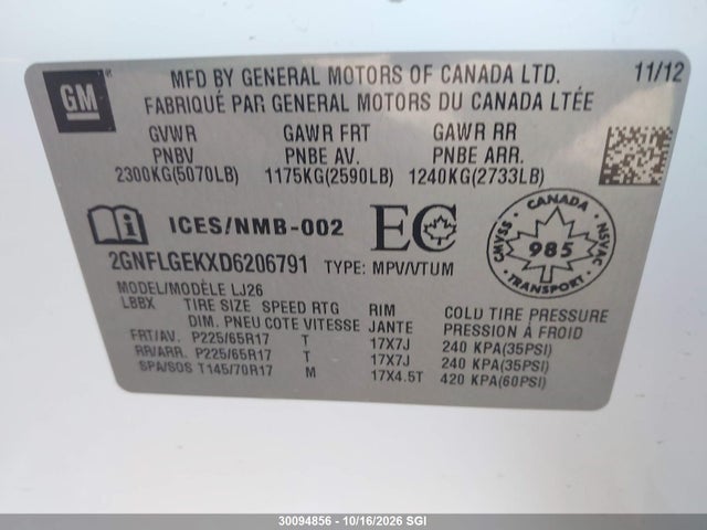 2013 Chevrolet Equinox Ltz მანქანა იყიდება აუქციონზე, vin: 2GNFLGEKXD6206791, აუქციონის ნომერი: 30094856