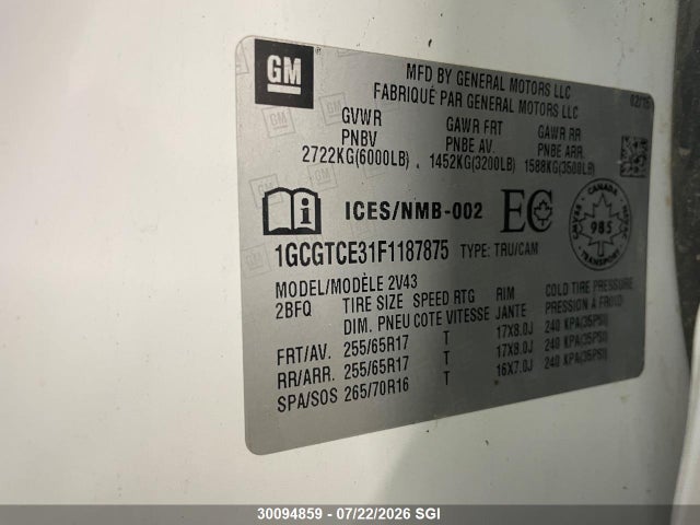 2015 Chevrolet Colorado Z71 მანქანა იყიდება აუქციონზე, vin: 1GCGTCE31F1187875, აუქციონის ნომერი: 30094859