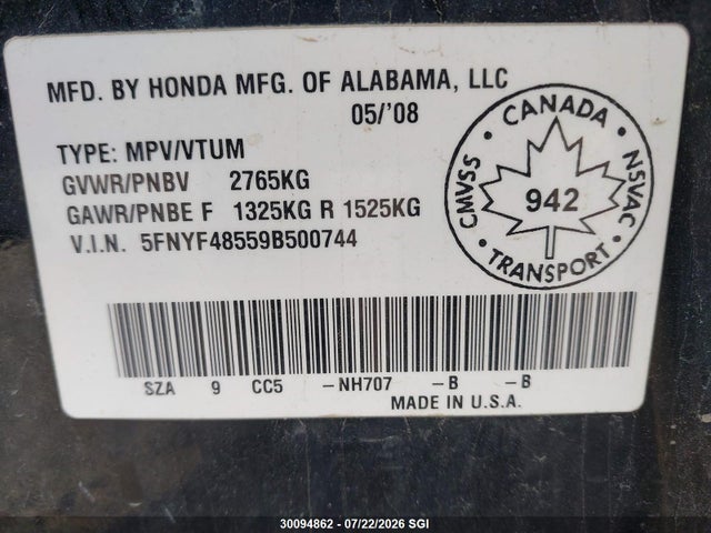 Продажа на аукционе авто 2009 Honda Pilot Exl, vin: 5FNYF48559B500744, номер лота: 30094862