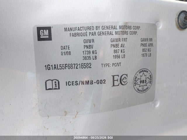 30094864 :رقم المزاد ، 1G1AL55F687216582 vin ، 2008 Chevrolet Cobalt Lt مزاد بيع