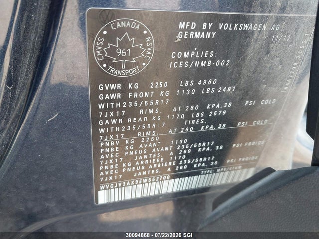 2014 Volkswagen Tiguan S/se/sel/r-line მანქანა იყიდება აუქციონზე, vin: WVGJV3AX9EW552700, აუქციონის ნომერი: 30094868
