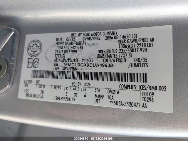 2013 Ford Escape Se მანქანა იყიდება აუქციონზე, vin: 1FMCU0GX9DUA49938, აუქციონის ნომერი: 30094870
