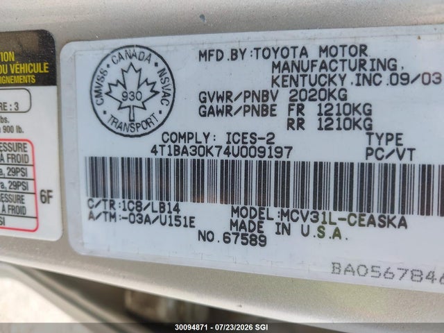 Продаж на аукціоні авто 2004 Toyota Camry Se, vin: 4T1BA30K74U009197, номер лоту: 30094871