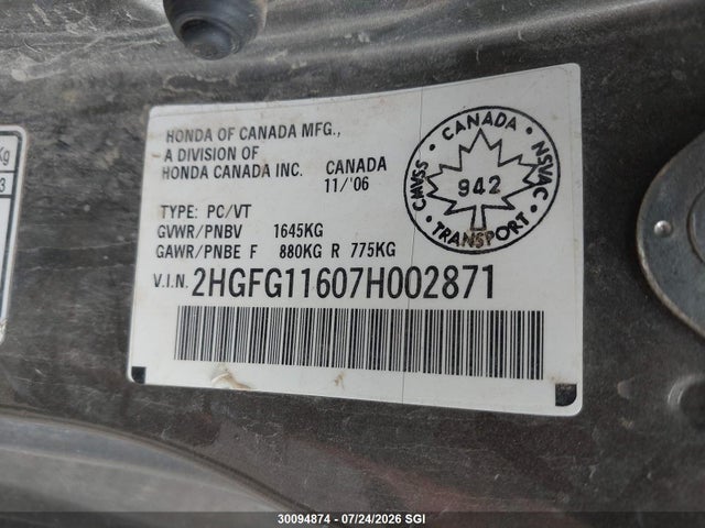 Aukcja sprzedaży 2007 Honda Civic Lx, vin: 2HGFG11607H002871, numer aukcji: 30094874