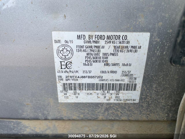 2015 Ford Edge Sel მანქანა იყიდება აუქციონზე, vin: 2FMTK4J88FBB57202, აუქციონის ნომერი: 30094875
