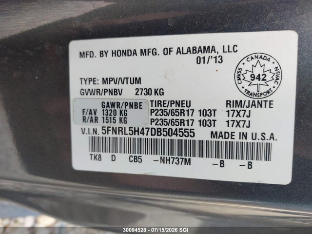 Aukcja sprzedaży 2013 Honda Odyssey Ex, vin: 5FNRL5H47DB504555, numer aukcji: 30094528