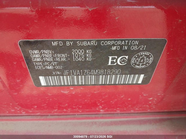 30094879 :رقم المزاد ، JF1VA1Z64M9818290 vin ، 2021 Subaru Wrx مزاد بيع