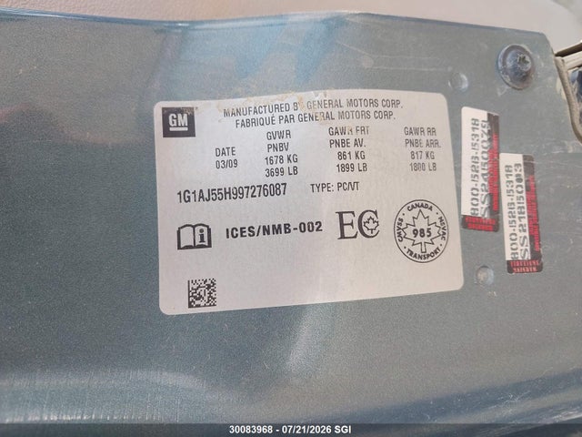 Aukcja sprzedaży 2009 Chevrolet Cobalt, vin: 1G1AJ55H997276087, numer aukcji: 30083968