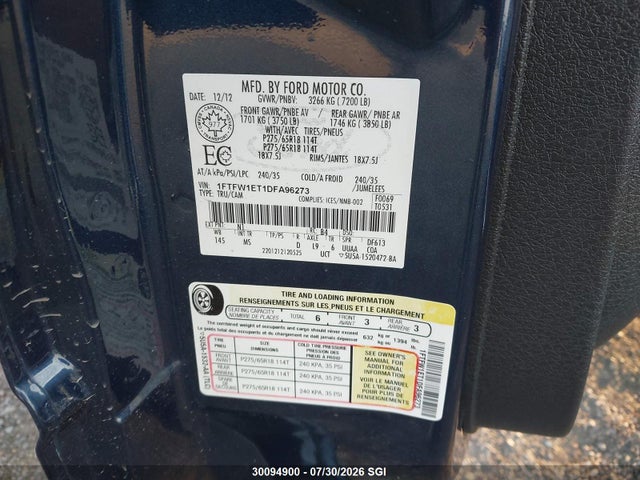 Auction sale of the 2013 Ford F150 Supercrew, vin: 1FTFW1ET1DFA96273, lot number: 30094900
