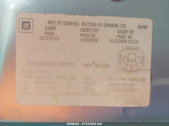 Aukcja sprzedaży 1996 Chevrolet Gmt-400 C1500, vin: 2GCEC19R2T1235593, numer aukcji: 30088422
