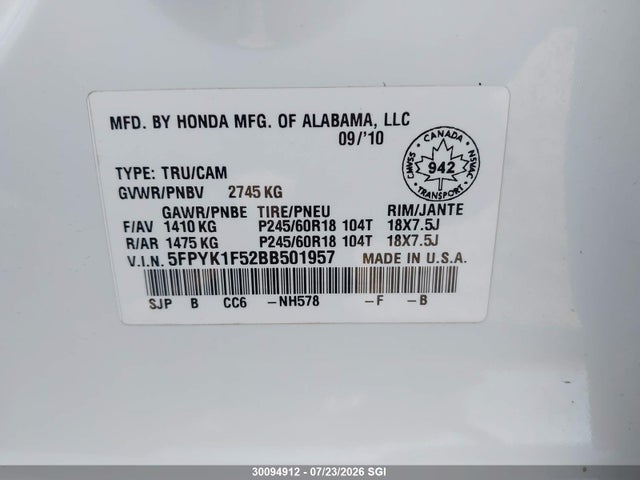 Продажа на аукционе авто 2011 Honda Ridgeline Rtl, vin: 5FPYK1F52BB501957, номер лота: 30094912