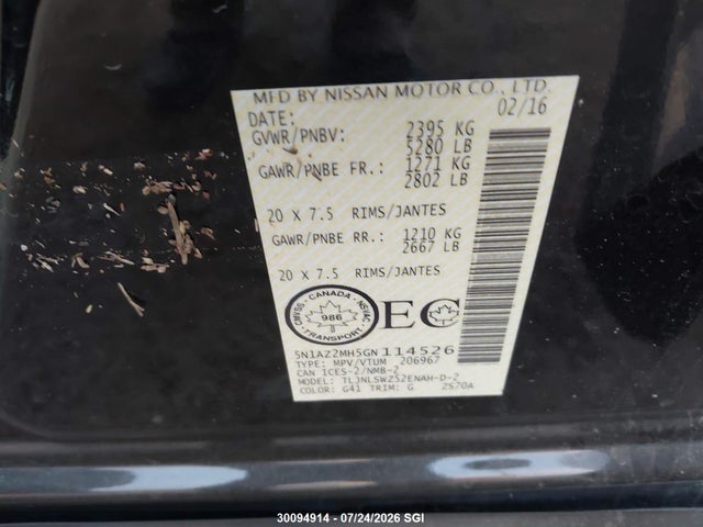30094914 :رقم المزاد ، 5N1AZ2MH5GN114526 vin ، 2016 Nissan Murano Platinum/sl/sv مزاد بيع