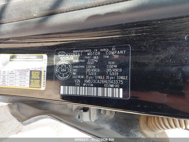 Aukcja sprzedaży 2017 Hyundai Tucson Limited/sport And Eco/se, vin: KM8J3CA26HU343375, numer aukcji: 30094231