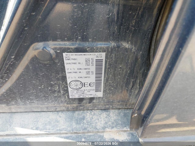 30094878 :رقم المزاد ، 5N1AT2MV3GC872450 vin ، 2016 Nissan Rogue S/sl/sv مزاد بيع
