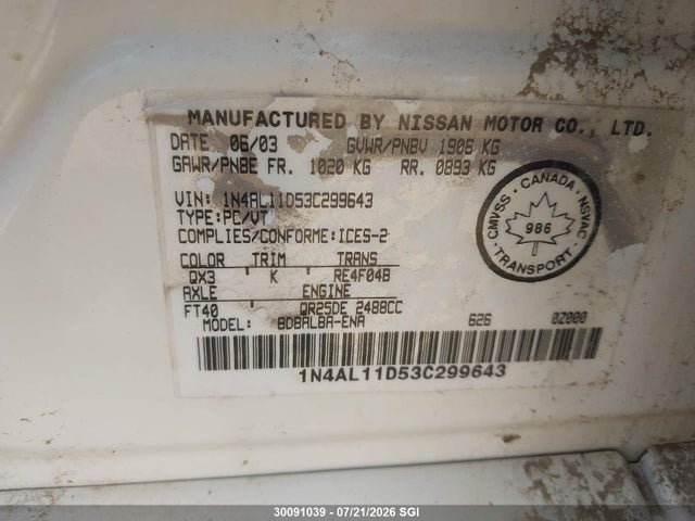 Aukcja sprzedaży 2003 Nissan Altima S/sl, vin: 1N4AL11D53C299643, numer aukcji: 30091039