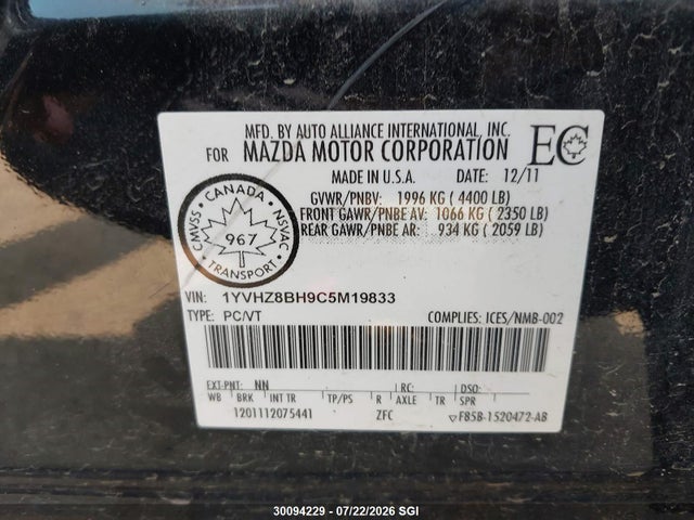 Aukcja sprzedaży 2012 Mazda 6 I, vin: 1YVHZ8BH9C5M19833, numer aukcji: 30094229