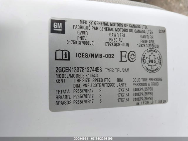 Продаж на аукціоні авто 2008 Chevrolet Silverado K1500, vin: 2GCEK133781274453, номер лоту: 30094931