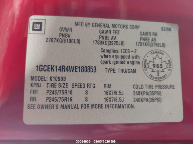 Aukcja sprzedaży 1998 Chevrolet Gmt-400 K1500, vin: 1GCEK14R4WE180853, numer aukcji: 30094933