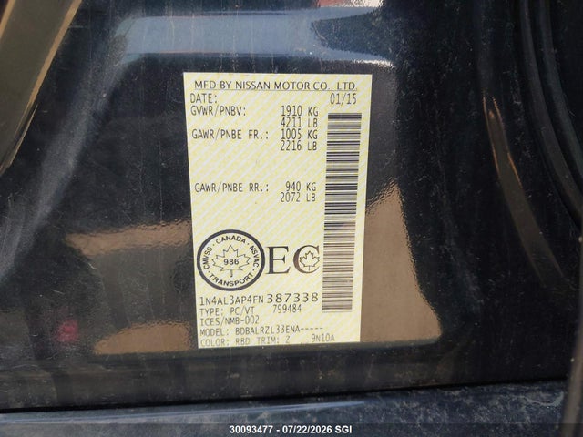 Aukcja sprzedaży 2015 Nissan Altima 2.5/s/sv/sl, vin: 1N4AL3AP4FN387338, numer aukcji: 30093477