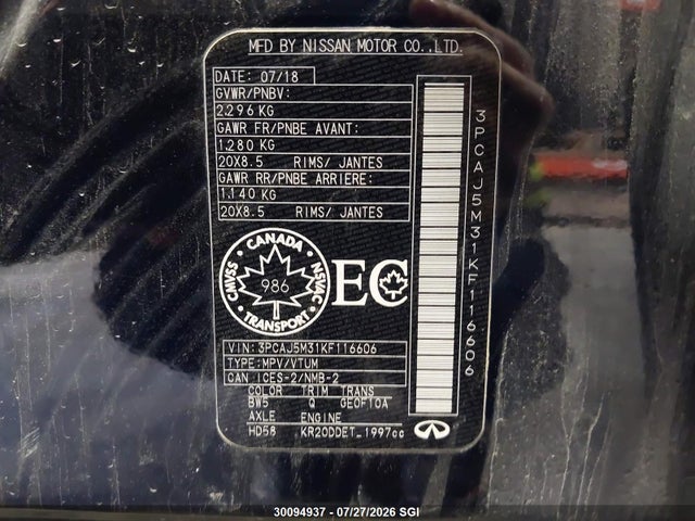 3PCAJ5M31KF116606 Infiniti Qx50 Essential/pure