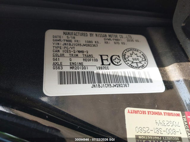 Aukcja sprzedaży 2018 Nissan Qashqai S/sl/sv, vin: JN1BJ1CR5JW282367, numer aukcji: 30094946