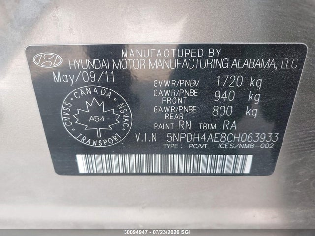 30094947 :رقم المزاد ، 5NPDH4AE8CH063933 vin ، 2012 Hyundai Elantra Gls/limited مزاد بيع