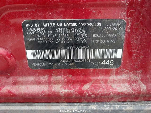 Aukcja sprzedaży 2019 Mitsubishi Rvr Se, vin: JA4AJ3AU5KU605724, numer aukcji: 30094955