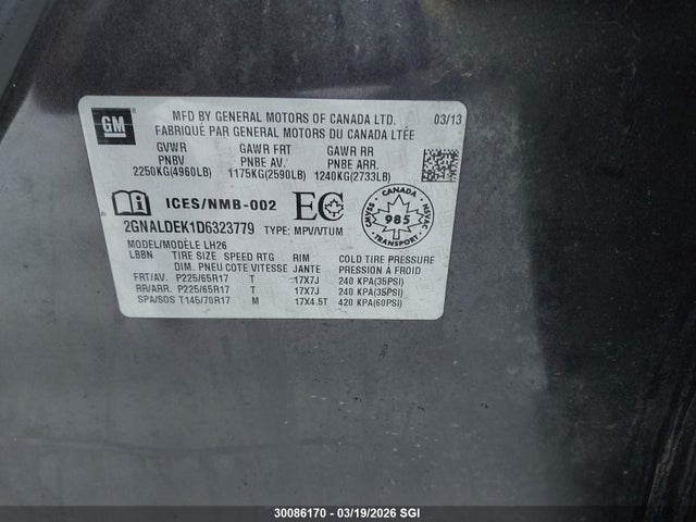 Продаж на аукціоні авто 2013 Chevrolet Equinox Lt, vin: 2GNALDEK1D6323779, номер лоту: 30086170