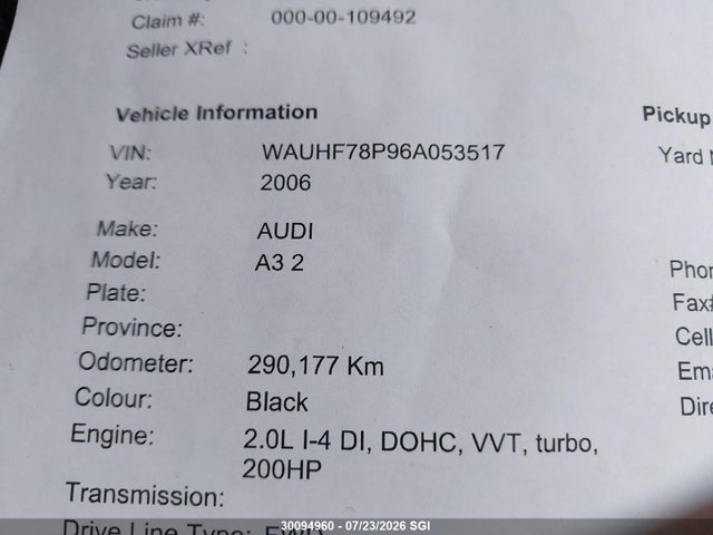 Aukcja sprzedaży 2006 Audi A3 2, vin: WAUHF78P96A053517, numer aukcji: 30094960