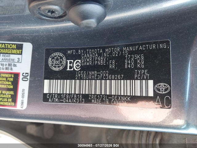 2T1BURHE3FC368267 Toyota Corolla L/le/le Pls/prm/s/s Pls