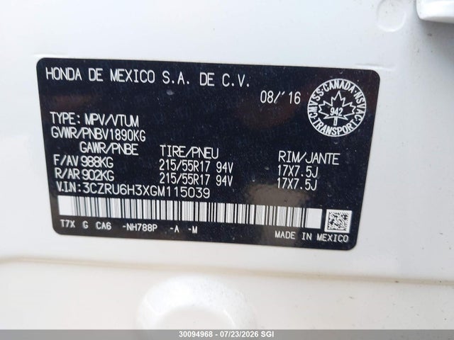 30094968 :رقم المزاد ، 3CZRU6H3XGM115039 vin ، 2016 Honda Hr-v Lx مزاد بيع