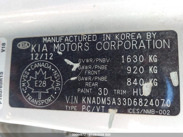 2013 Kia Rio Lx მანქანა იყიდება აუქციონზე, vin: KNADM5A33D6824070, აუქციონის ნომერი: 30094972
