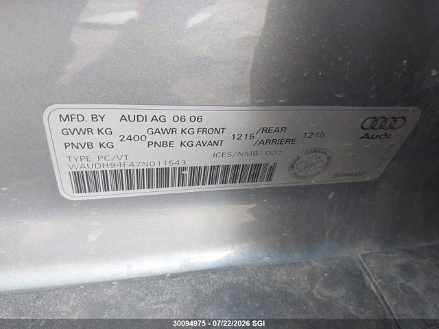 30094975 :رقم المزاد ، WAUDH94F47N011543 vin ، 2007 Audi A6 3.2 Quattro مزاد بيع
