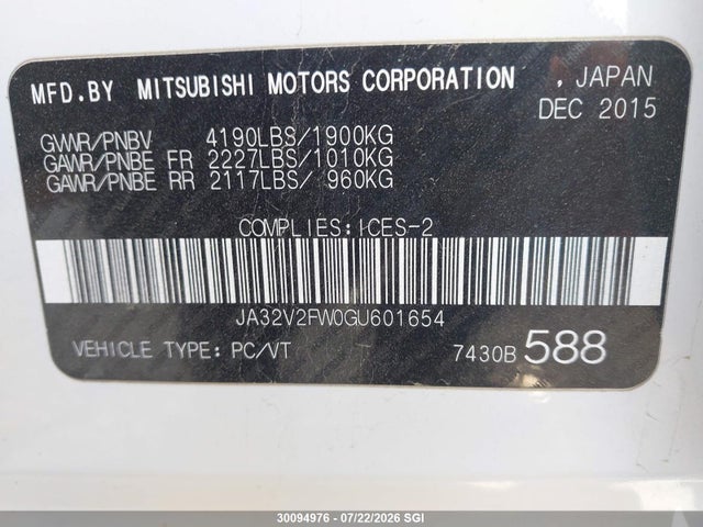 Aukcja sprzedaży 2016 Mitsubishi Lancer Es/se/sel, vin: JA32V2FW0GU601654, numer aukcji: 30094976
