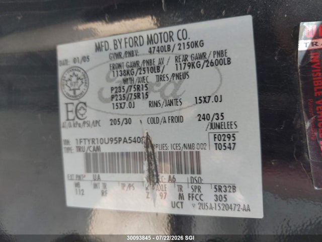30093845 :رقم المزاد ، 1FTYR10U95PA54087 vin ، 2005 Ford Ranger مزاد بيع