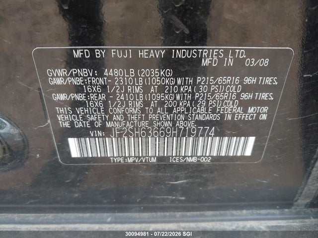 30094981 :رقم المزاد ، JF2SH63669H719774 vin ، 2009 Subaru Forester 2.5x Premium مزاد بيع