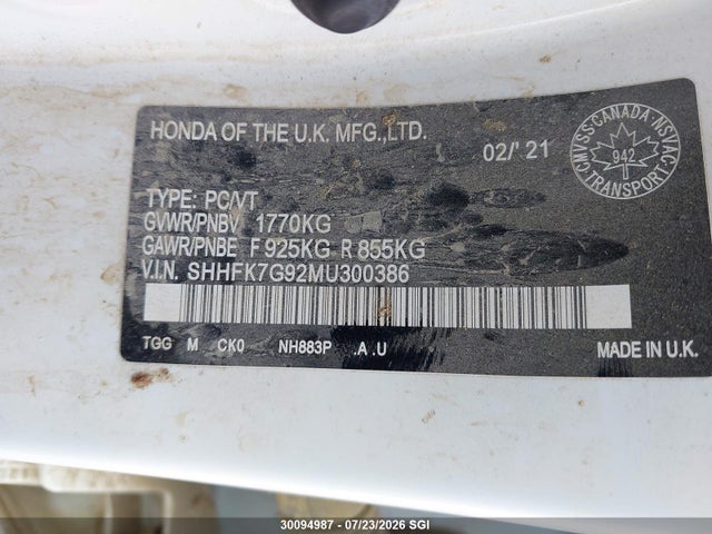 2021 Honda Civic Sport Touring მანქანა იყიდება აუქციონზე, vin: SHHFK7G92MU300386, აუქციონის ნომერი: 30094987