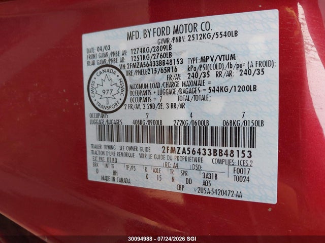 2003 Ford Windstar Sel მანქანა იყიდება აუქციონზე, vin: 2FMZA56433BB48153, აუქციონის ნომერი: 30094988