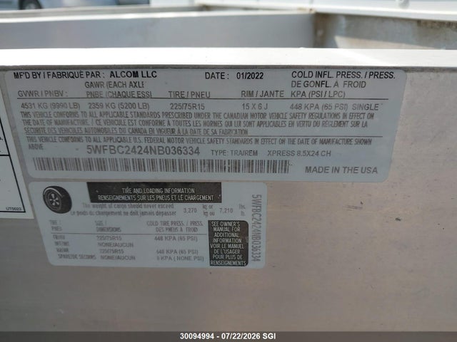 Alcom Holding Company Sgn8532ta3 2022 5WFBC2424NB036334 Image 9