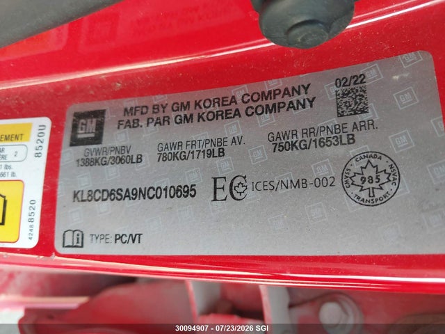 30094907 :رقم المزاد ، KL8CD6SA9NC010695 vin ، 2022 Chevrolet Spark 1lt مزاد بيع