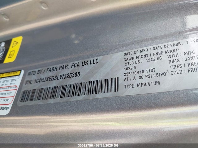 30092796 :رقم المزاد ، 1C4HJXEG3LW326388 vin ، 2020 Jeep Wrangler Unlimited Sahara مزاد بيع