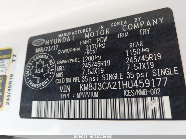 Продажа на аукционе авто 2017 Hyundai Tucson Limited/sport And Eco/se, vin: KM8J3CA21HU459177, номер лота: 30086393