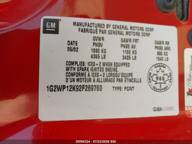 2002 Pontiac Grand Prix Gt მანქანა იყიდება აუქციონზე, vin: 1G2WP12K92F269760, აუქციონის ნომერი: 30094324