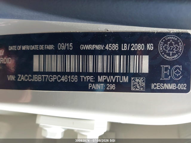 30093974 :رقم المزاد ، ZACCJBBT7GPC46156 vin ، 2016 Jeep Renegade Latitude مزاد بيع