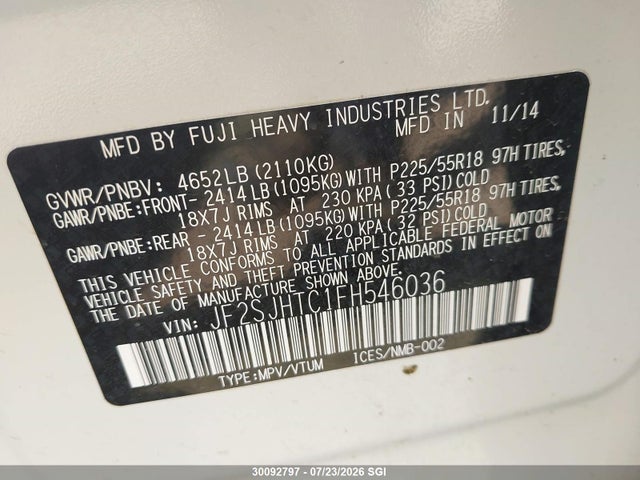 Продаж на аукціоні авто 2015 Subaru Forester 2.0xt Touring, vin: JF2SJHTC1FH546036, номер лоту: 30092797