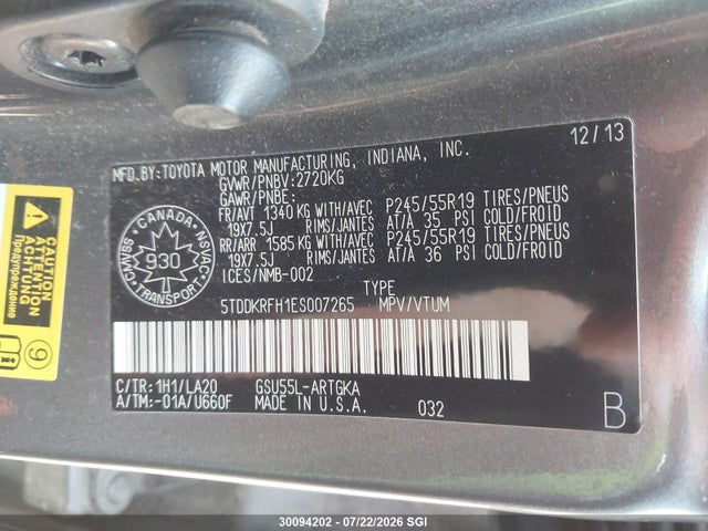 Toyota Highlander Limited/ltd Platnum 2014 5TDDKRFH1ES007265 Image 9