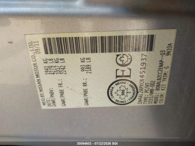 30094603 :رقم المزاد ، 1N4AL2APXCN451937 vin ، 2012 Nissan Altima 2.5 S مزاد بيع